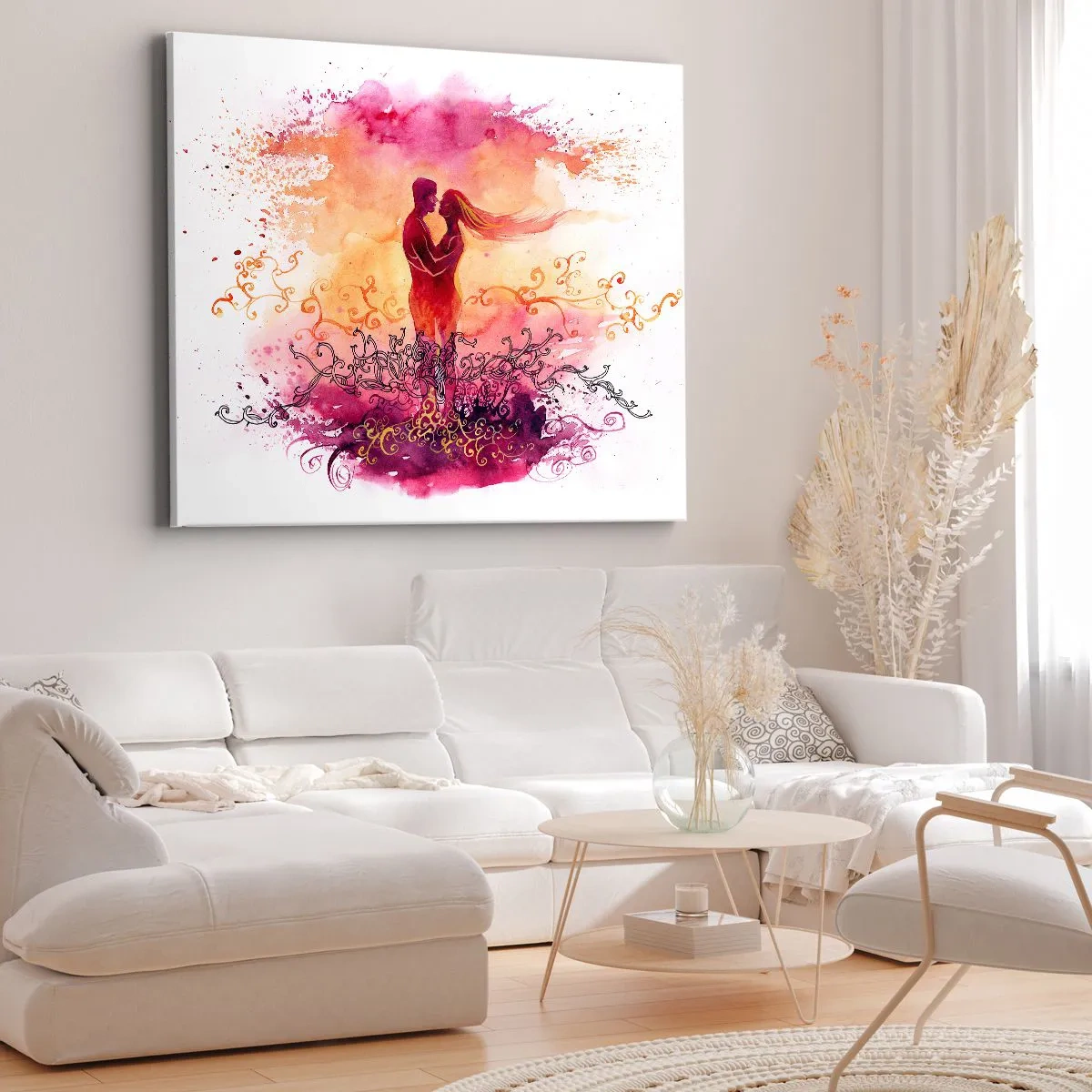 Cuadro sobre lienzo - Impresión de Imagen - Una pareja abrazándose sobre un patrón abstracto rosa y naranja. - 70x50cm - ¡Un solo corazón! Necesito tan poco para ser feliz… - Decoración de pared moderna para salón y dormitorio ARTTOR