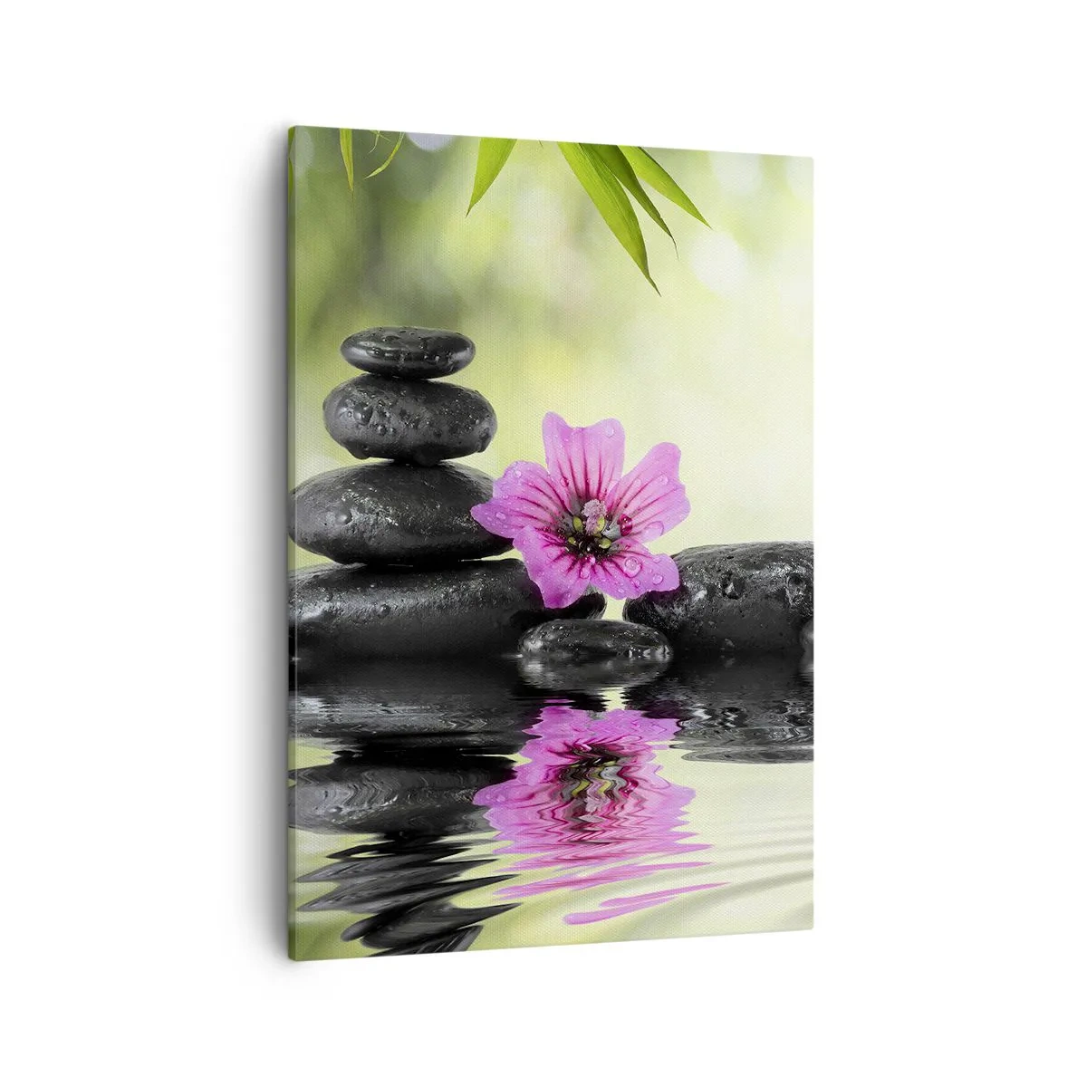 Cuadro sobre lienzo - Impresión de Imagen - Piedras zen y una flor rosa reflejada en el agua. - 50x70cm - Tiempo para el alma - Decoración de pared moderna para salón y dormitorio ARTTOR