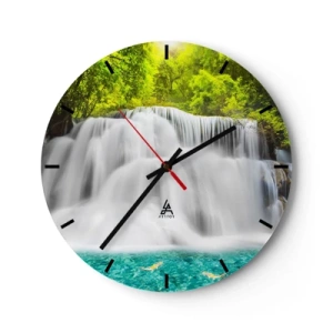 Reloj de pared - Reloj de vidrio - Una cascada rodeada de vegetación con agua turquesa en la base. - 30x30cm - Cascada espumosa, de verde a azul - Decoración de pared moderna para salón, cocina y dormitorio ARTTOR
