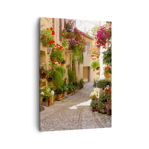 Cuadro sobre lienzo - Impresión de Imagen - Una calle con flores en macetas y muros de piedra. - 50x70cm - En un torrente de flores - Decoración de pared moderna para salón y dormitorio ARTTOR
