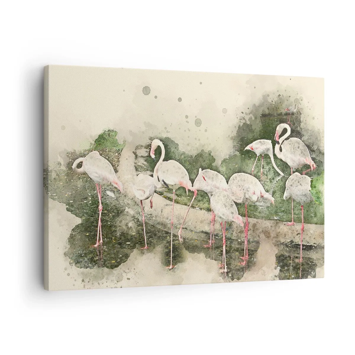 Cuadro sobre lienzo - Impresión de Imagen - Flamencos en su entorno natural en estilo acuarela. - 70x50cm - Un sueño exótico - Decoración de pared moderna para salón y dormitorio ARTTOR