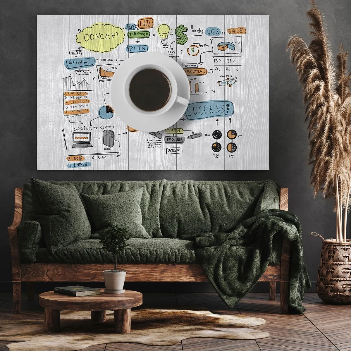 Cuadro sobre lienzo - Impresión de Imagen - Una taza de café sobre el fondo de un dibujo conceptual. - 70x50cm - Tiempo de descanso - Decoración de pared moderna para salón y dormitorio ARTTOR