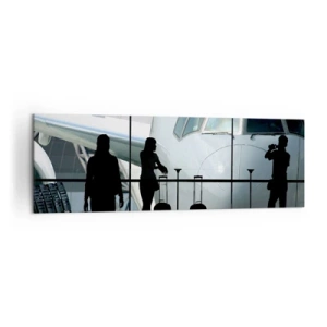 Cuadro sobre lienzo - Impresión de Imagen - Aeropuerto con siluetas de personas y una vista del avión. - 160x50cm - Vis a vis en el aeropuerto - Decoración de pared moderna para salón y dormitorio ARTTOR