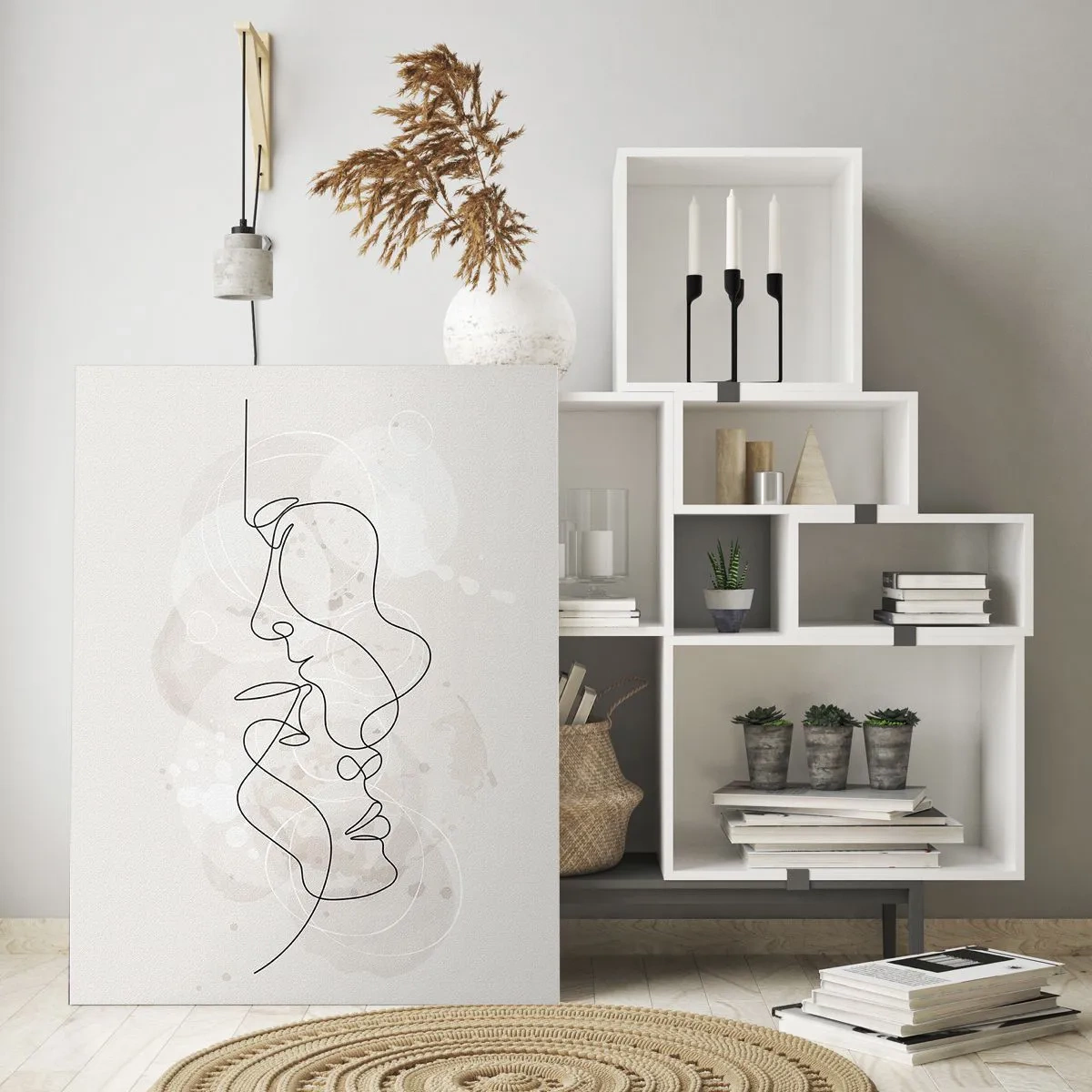 Cuadro sobre vidrio - Impresiones sobre Vidrio - Esquema abstracto de dos caras sobre un fondo claro - 70x100cm - En un abrazo - Decoración de pared moderna para salón y dormitorio ARTTOR