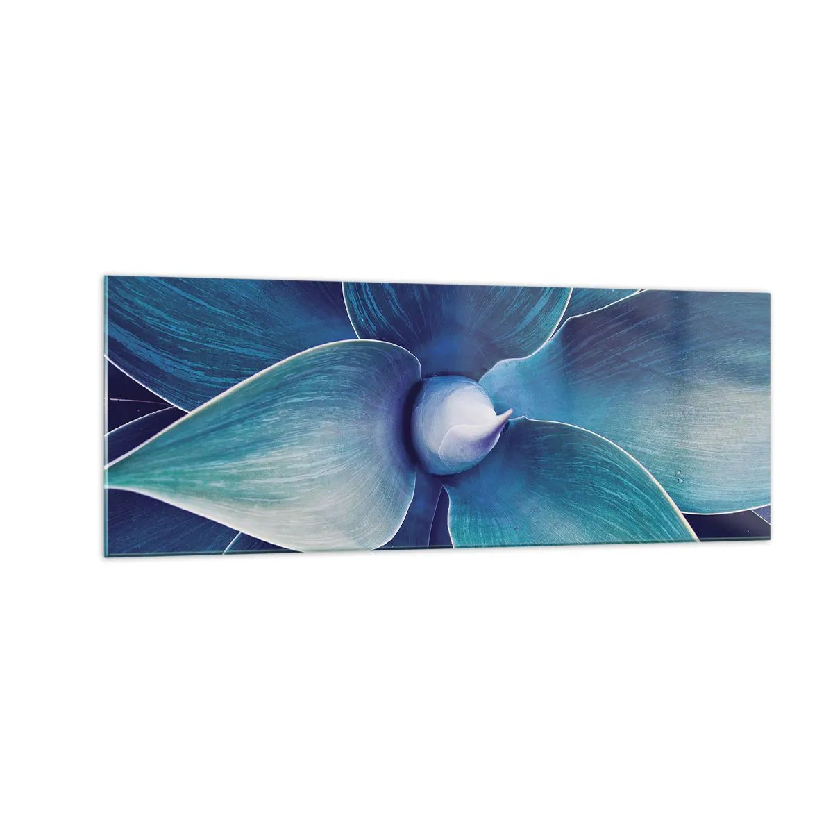 Cuadro sobre vidrio - Impresiones sobre Vidrio - Primer plano de una flor abstracta en tonos azules. - 140x50cm - Azul del cielo - Decoración de pared moderna para salón y dormitorio ARTTOR