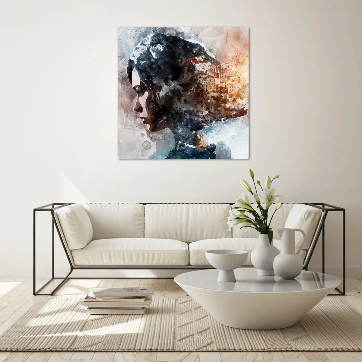 Cuadro sobre vidrio - Impresiones sobre Vidrio - Una historia sobre una niña con una ciudad de fondo - 40x40 cm