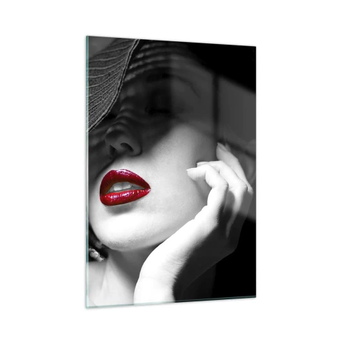 Cuadro sobre vidrio - Impresiones sobre Vidrio - Composición en blanco y negro con acento de labios rojos. - 50x70cm - Estudio en escarlata - Decoración de pared moderna para salón y dormitorio ARTTOR
