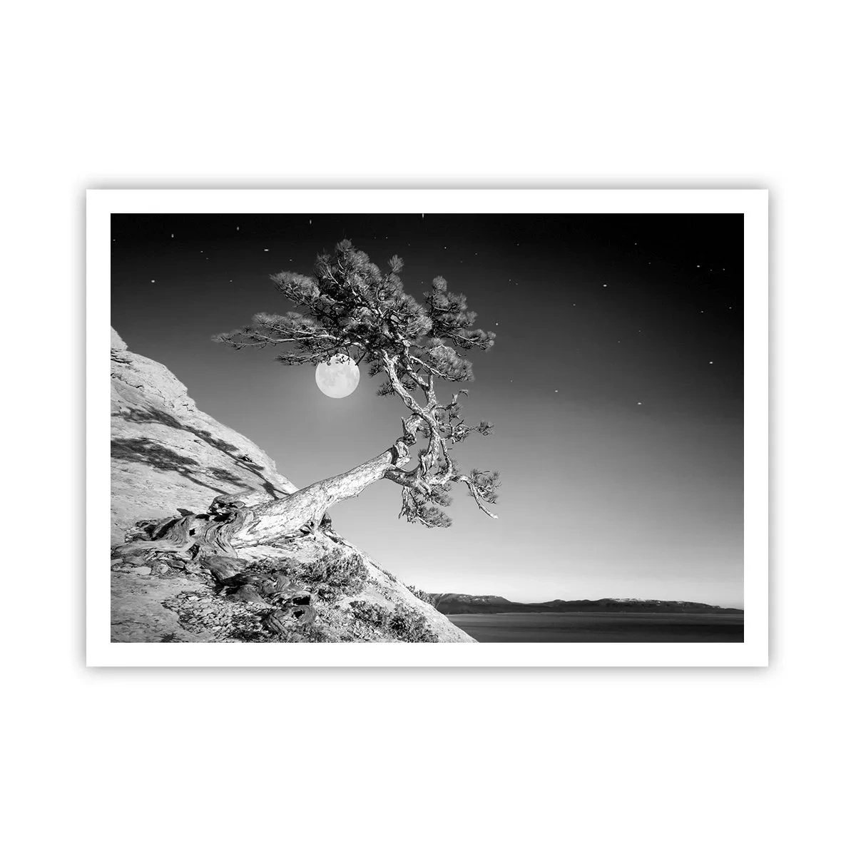 Póster - Árbol en blanco y negro en un acantilado con la luna al fondo - 100x70cm - Un guerrero victorioso - Decoración de pared moderna para salón y dormitorio ARTTOR