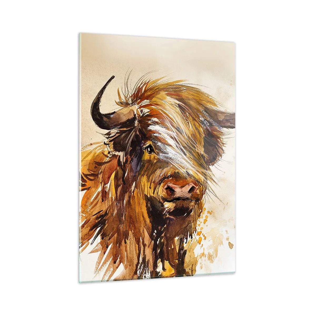 Cuadro sobre vidrio - Impresiones sobre Vidrio - Ilustración en acuarela de un toro escocés de pelo largo - 50x70cm - El orgullo del líder - Decoración de pared moderna para salón y dormitorio ARTTOR