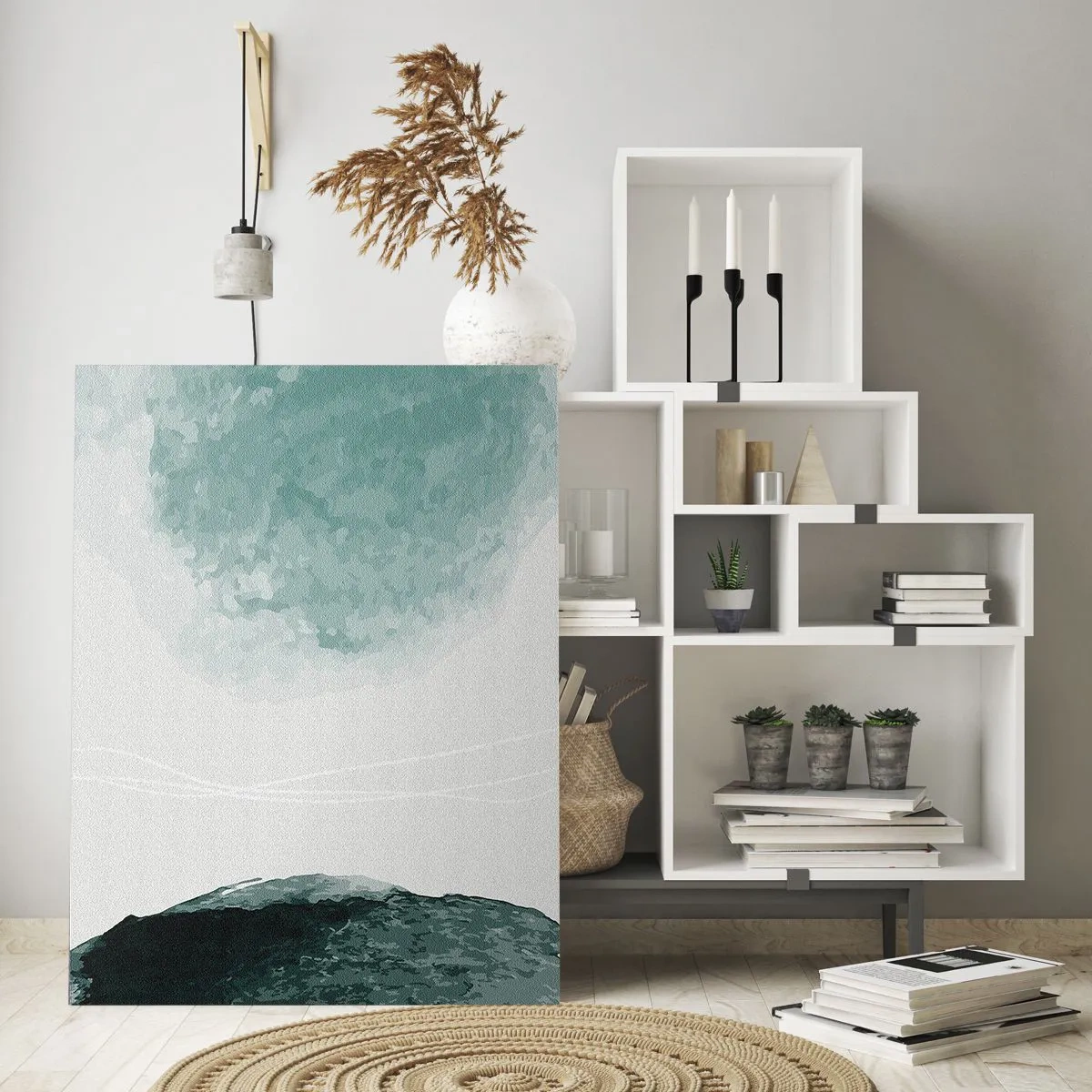 Cuadro sobre vidrio - Impresiones sobre Vidrio - Una delicada composición abstracta en tonos verdes con formas sutiles sobre un fondo claro. - 70x100cm - Un encuentro con la niebla - Decoración de pared moderna para salón y dormitorio ARTTOR