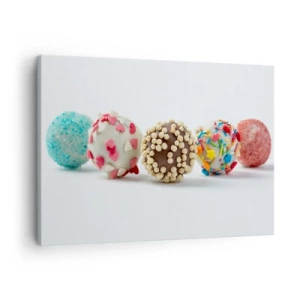Cuadro sobre lienzo - Impresión de Imagen - Bombones coloridos con decoraciones sobre un fondo blanco. - 70x50cm - La vida puede ser dulce - Decoración de pared moderna para salón y dormitorio ARTTOR