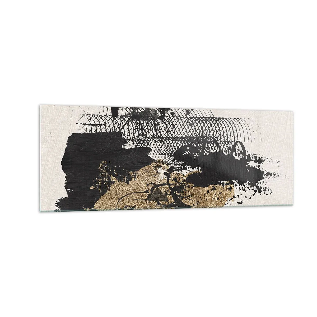 Cuadro sobre vidrio - Impresiones sobre Vidrio - Una pintura abstracta en negro y dorado con líneas y estructuras dinámicas. - 140x50cm - Composición con pasión - Decoración de pared moderna para salón y dormitorio ARTTOR