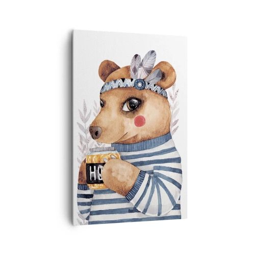 Cuadro sobre lienzo - Impresión de Imagen - Un osito de peluche con un suéter de rayas y una taza de miel. - 80x120cm - Dulce oso - Decoración de pared moderna para salón y dormitorio ARTTOR
