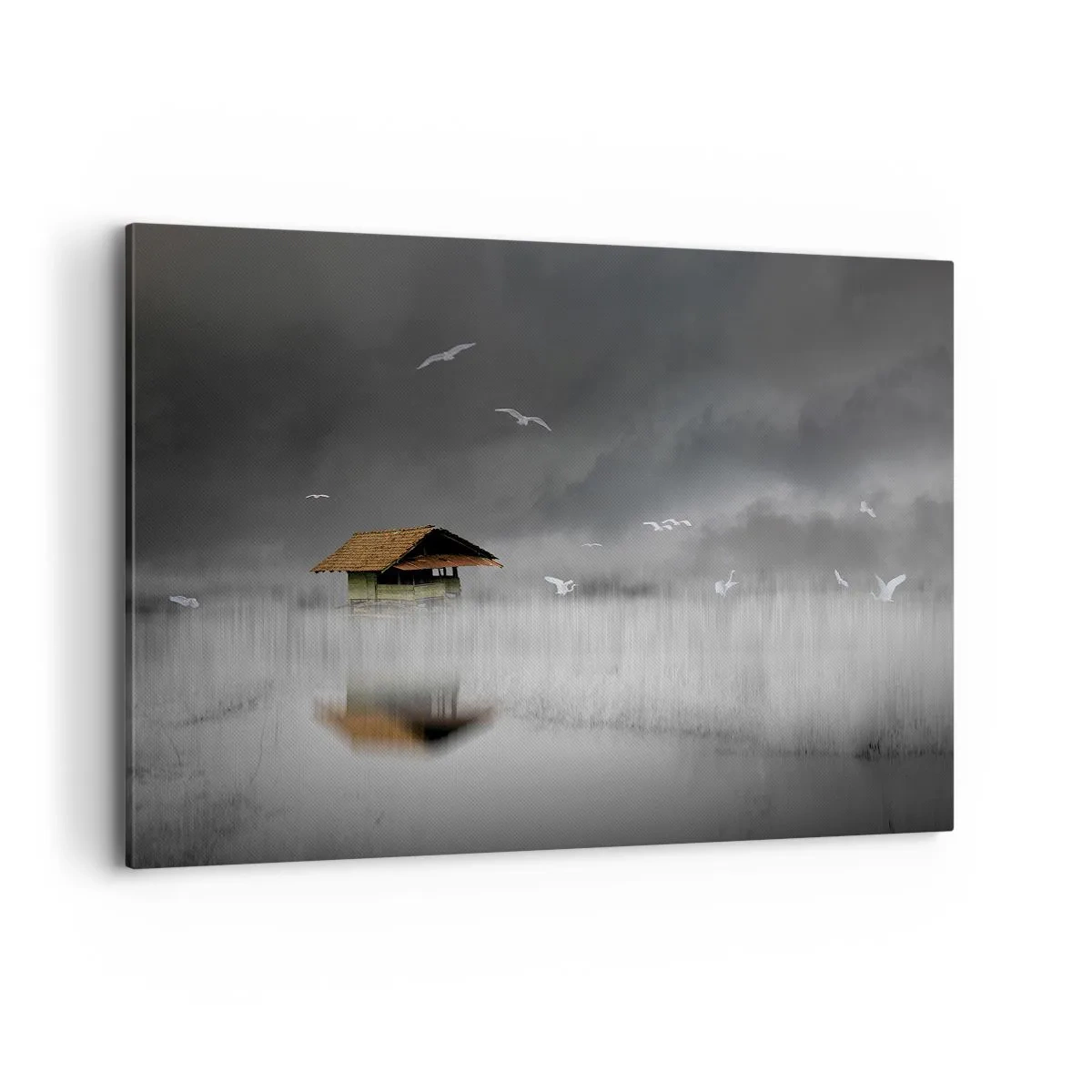 Cuadro sobre lienzo - Impresión de Imagen - Una cabaña solitaria sobre el agua rodeada de niebla y pájaros. - 120x80cm - Resguardo de la lluvia - Decoración de pared moderna para salón y dormitorio ARTTOR