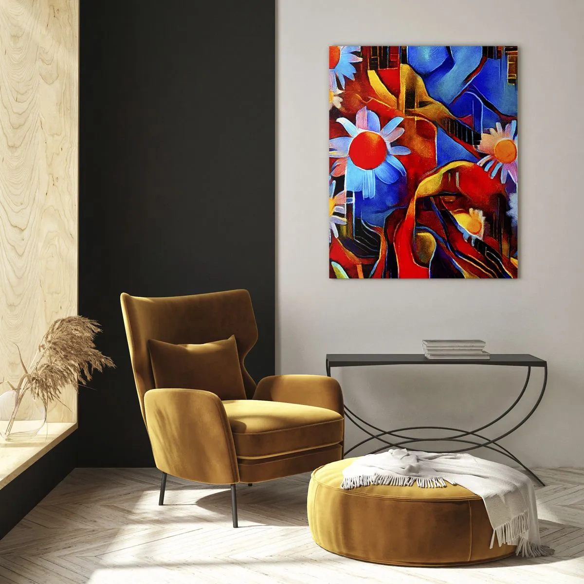 Cuadro sobre vidrio - Impresiones sobre Vidrio - Flores abstractas coloridas sobre un fondo de colores intensos. - 50x70cm - Colores de la vida - Decoración de pared moderna para salón y dormitorio ARTTOR
