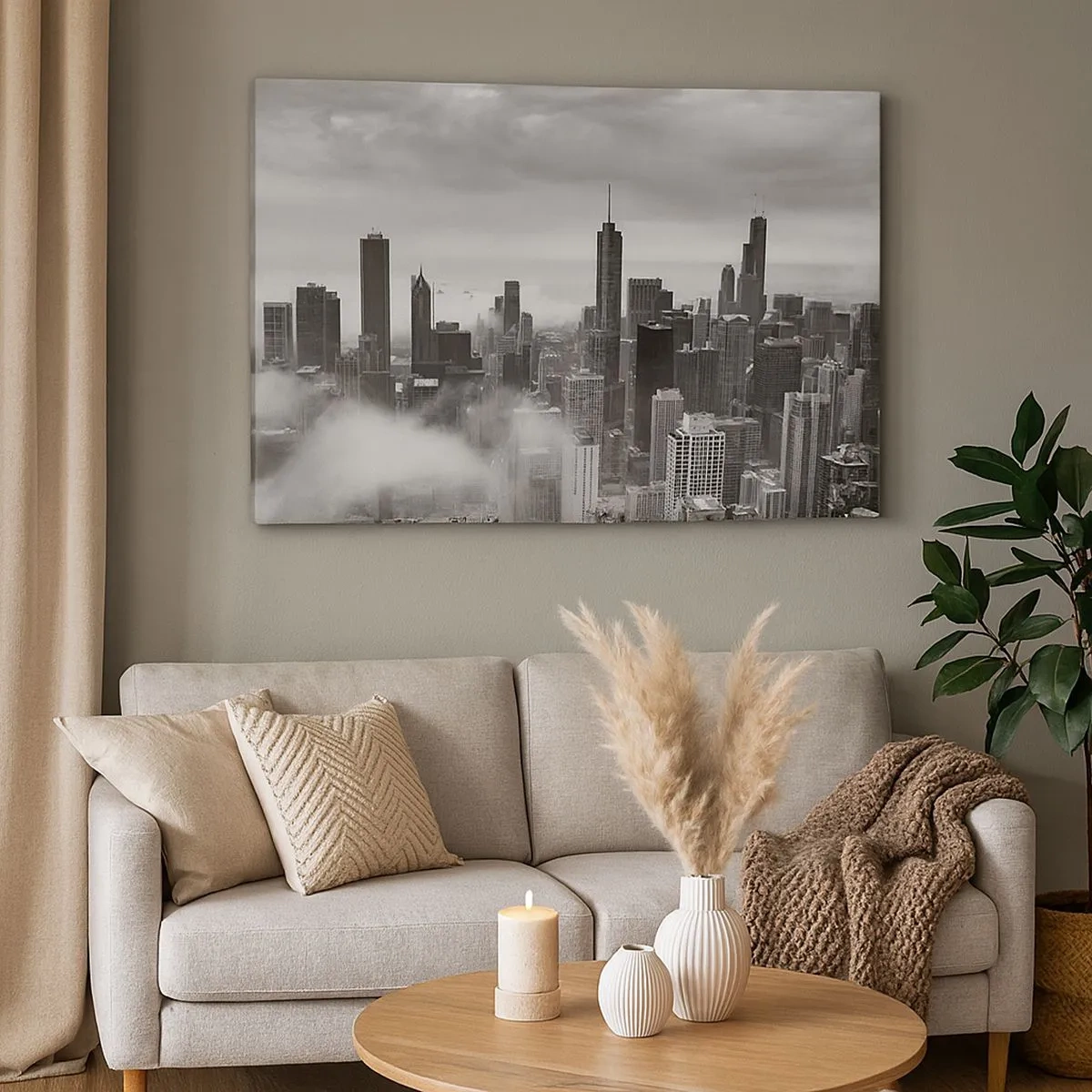 Cuadro sobre lienzo - Impresión de Imagen - Panorama de la ciudad con rascacielos en las nubes en blanco y negro - 70x50cm - Paisaje americano - Decoración de pared moderna para salón y dormitorio ARTTOR