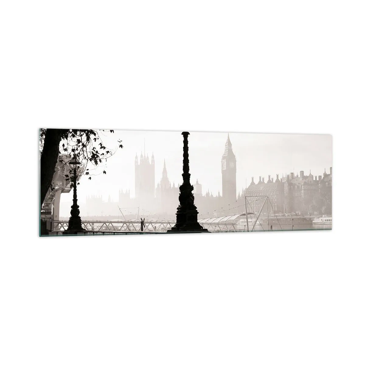 Cuadro sobre vidrio - Impresiones sobre Vidrio - Una vista monocromática del Big Ben y el Támesis. - 160x50cm - La mañana de Londres - Decoración de pared moderna para salón y dormitorio ARTTOR