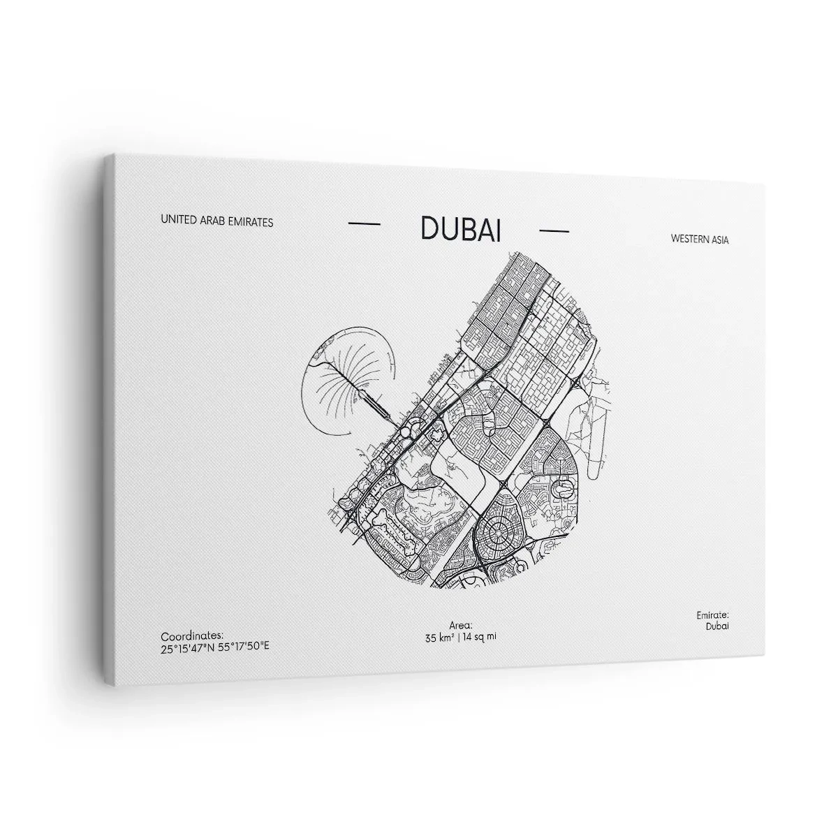 Cuadro sobre lienzo - Impresión de Imagen - Un mapa minimalista en blanco y negro de Dubái con marcas de ubicación. - 70x50cm - Anatomía de Dubái - Decoración de pared moderna para salón y dormitorio ARTTOR