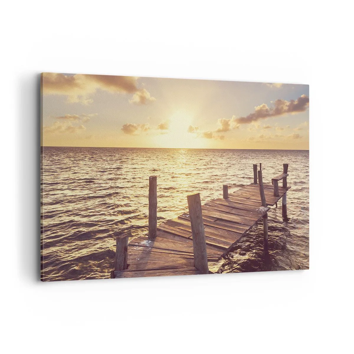 Cuadro sobre lienzo - Impresión de Imagen - Un embarcadero de madera que conduce hacia la puesta del sol. - 120x80cm - Una tierra dorada de dulzura - Decoración de pared moderna para salón y dormitorio ARTTOR