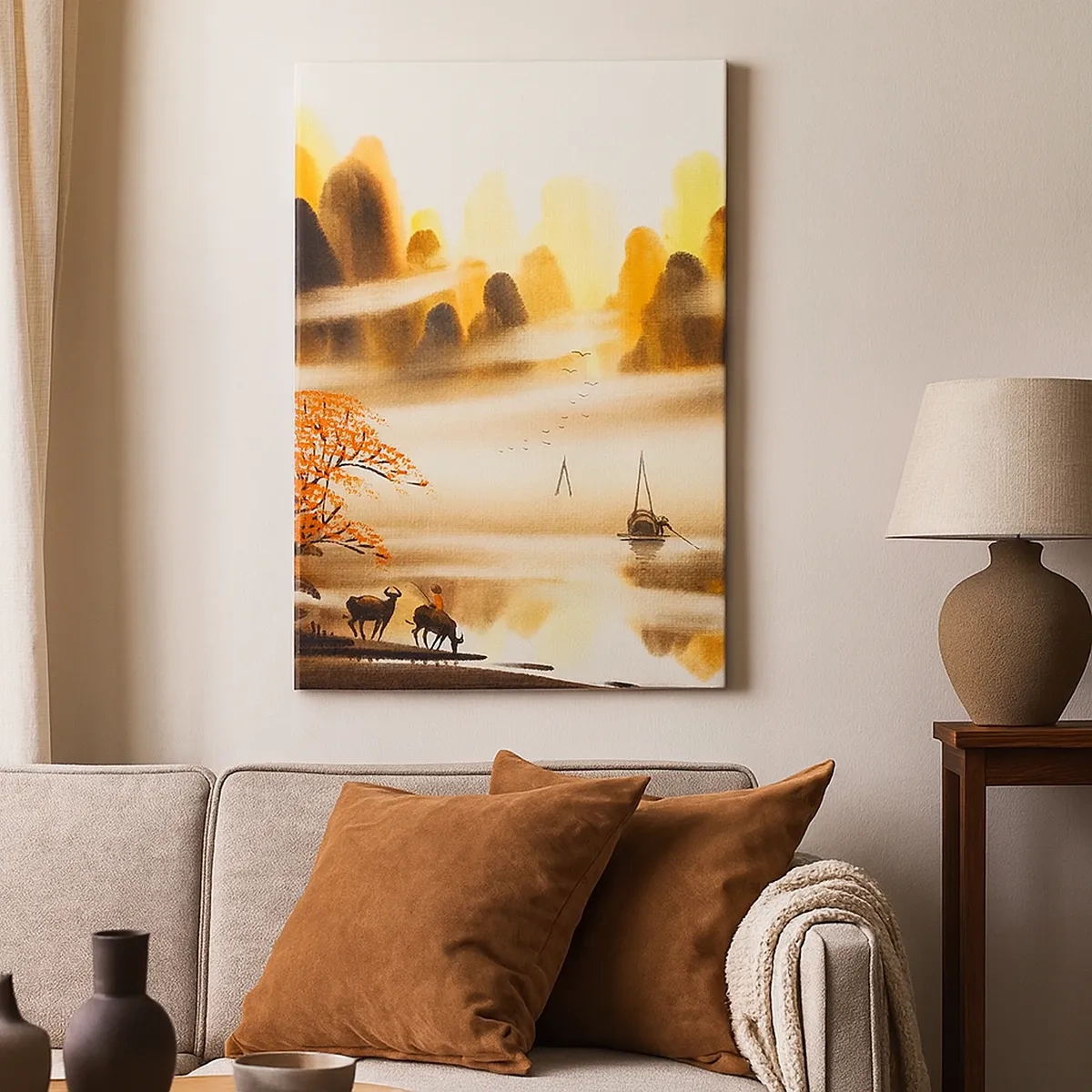 Cuadro sobre lienzo - Impresión de Imagen - Un paisaje oriental con un río, montañas y una suave niebla. - 50x70cm - Más allá del Lejano Oriente - Decoración de pared moderna para salón y dormitorio ARTTOR