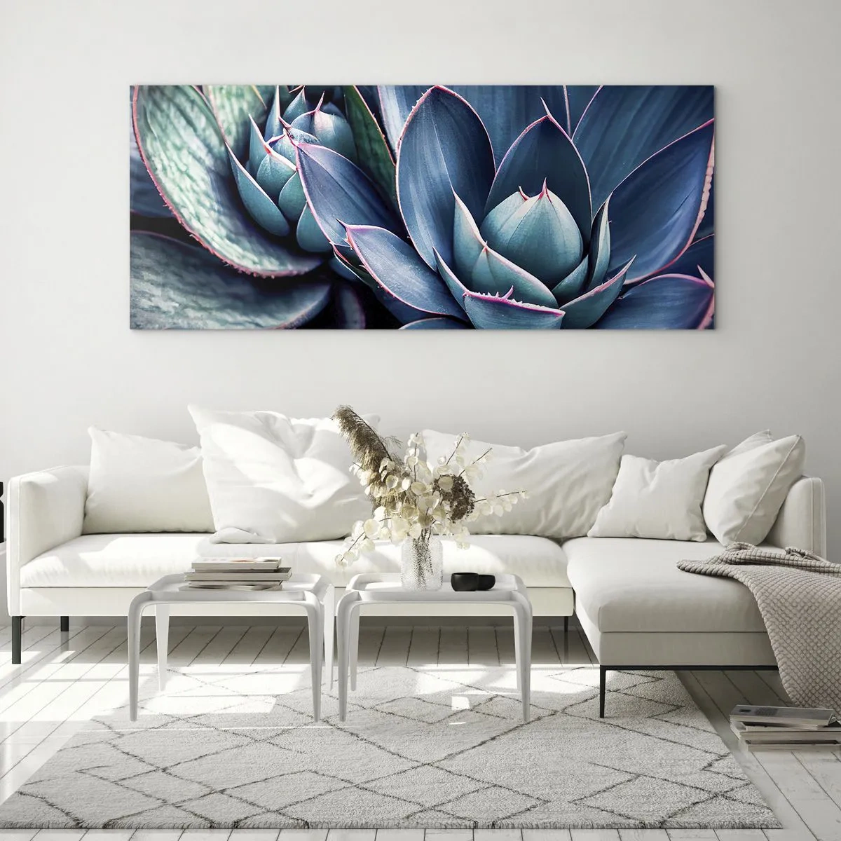 Cuadro sobre vidrio - Impresiones sobre Vidrio - Agave en tonos azules y verdes con acentos rosados. - 160x50cm - Fuerza vital - Decoración de pared moderna para salón y dormitorio ARTTOR