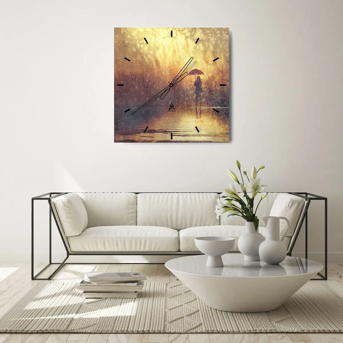 Reloj de pared - Reloj de vidrio - Una figura con un paraguas en un paisaje brumoso lleno de reflejos. - 30x30cm - Siento que alguien me mira - Decoración de pared moderna para salón y dormitorio ARTTOR