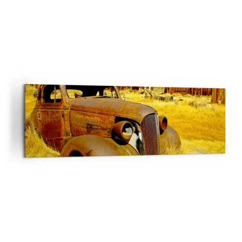 Cuadro sobre lienzo - Impresión de Imagen - Un viejo coche oxidado con el telón de fondo de cabañas de madera abandonadas. - 160x50cm - Un merecido descanso - Decoración de pared moderna para salón y dormitorio ARTTOR