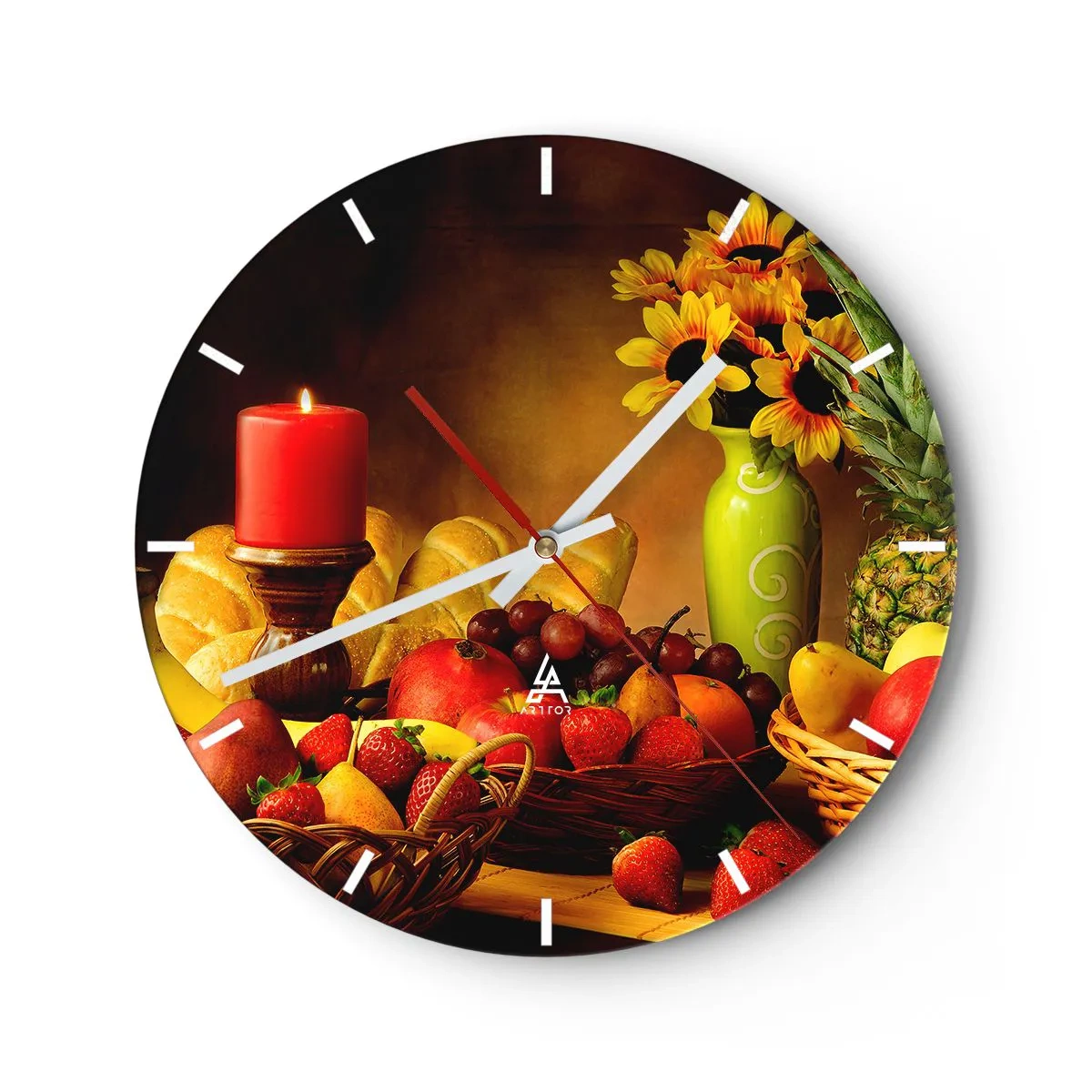 Reloj de pared - Reloj de vidrio - Una cesta de fruta, pan y girasoles sobre la mesa. - 30x30cm - Bodegón con pan y fruta - Decoración de pared moderna para salón, cocina y dormitorio ARTTOR