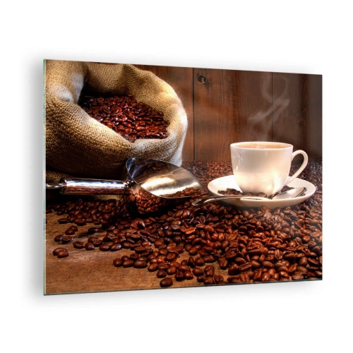 Cuadro sobre vidrio - Impresiones sobre Vidrio - Una taza de café sobre un fondo de frijoles y una bolsa de yute. - 70x50cm - ¿Hueles eso? - Decoración de pared moderna para salón y dormitorio ARTTOR
