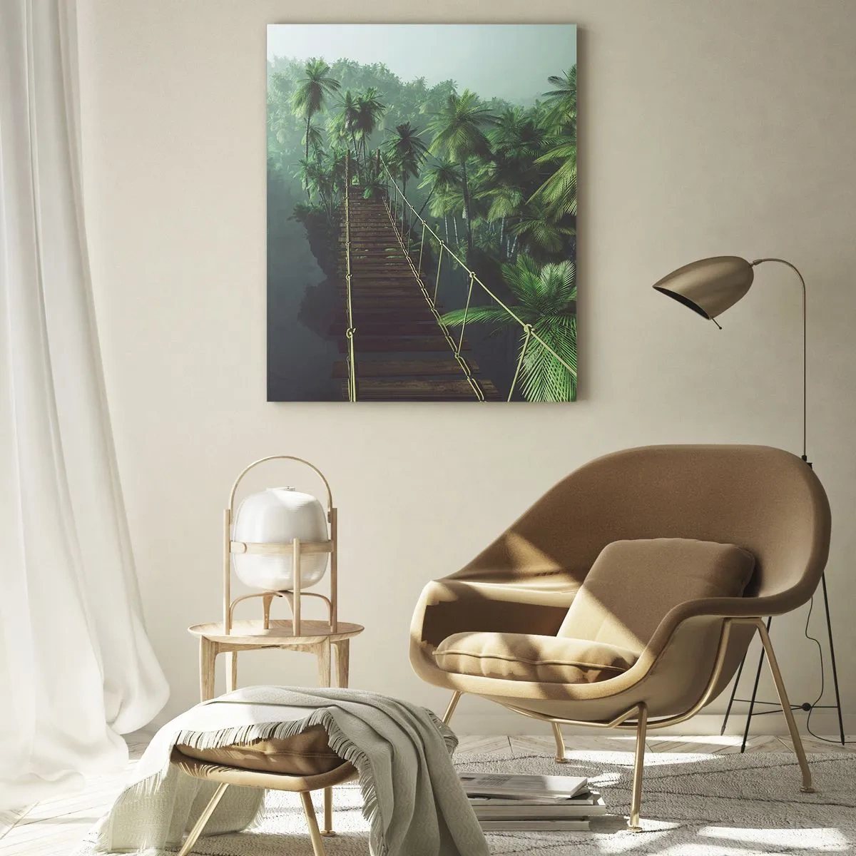 Cuadro sobre vidrio - Impresiones sobre Vidrio - Un puente colgante en un bosque tropical rodeado de niebla. - 80x120cm - Sobre un mar de verde - Decoración de pared moderna para salón y dormitorio ARTTOR