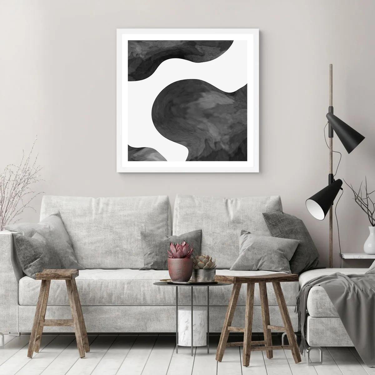 Póster en marco blanco - El blanco fluye sobre el negro - 40x40 cm