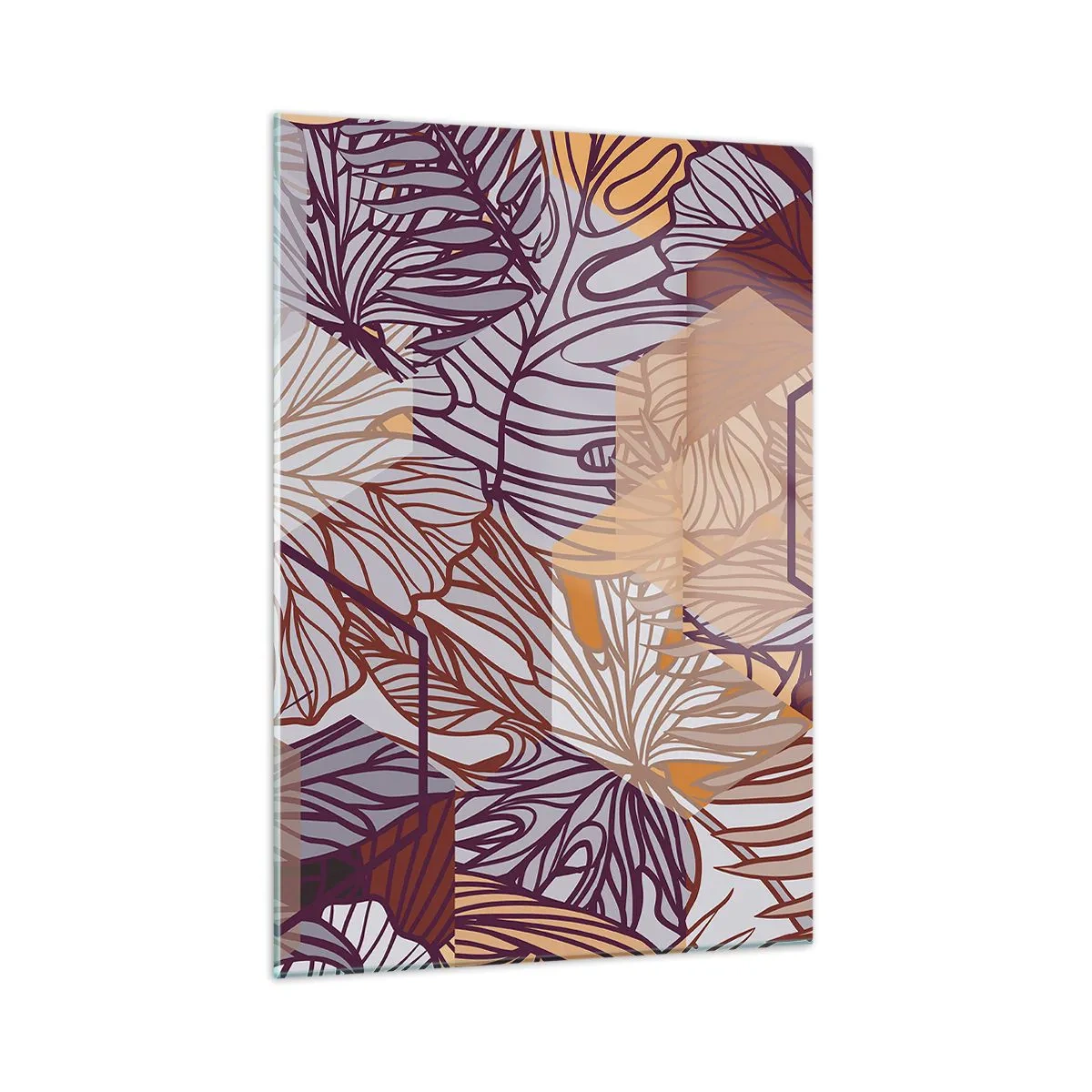Cuadro sobre vidrio - Impresiones sobre Vidrio - Hojas gráficas sobre un fondo de formas geométricas. - 50x70cm - La unión imposible de la geometría y la naturaleza - Decoración de pared moderna para salón y dormitorio ARTTOR