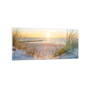 Cuadro sobre vidrio - Impresiones sobre Vidrio - Una playa de arena con vistas a la puesta de sol sobre el mar. - 120x50cm - El sonido del mar, el canto de los pájaros, una playa virgen entre las dunas... - Decoración de pared moderna para salón y dormito