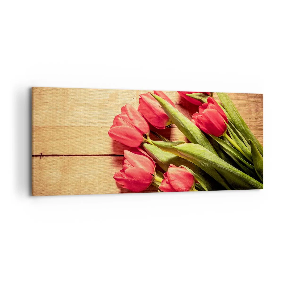 Cuadro sobre lienzo - Impresión de Imagen - Un ramo de tulipanes rosas sobre un fondo de madera. - 120x50cm - Una confesión primaveral - Decoración de pared moderna para salón y dormitorio ARTTOR