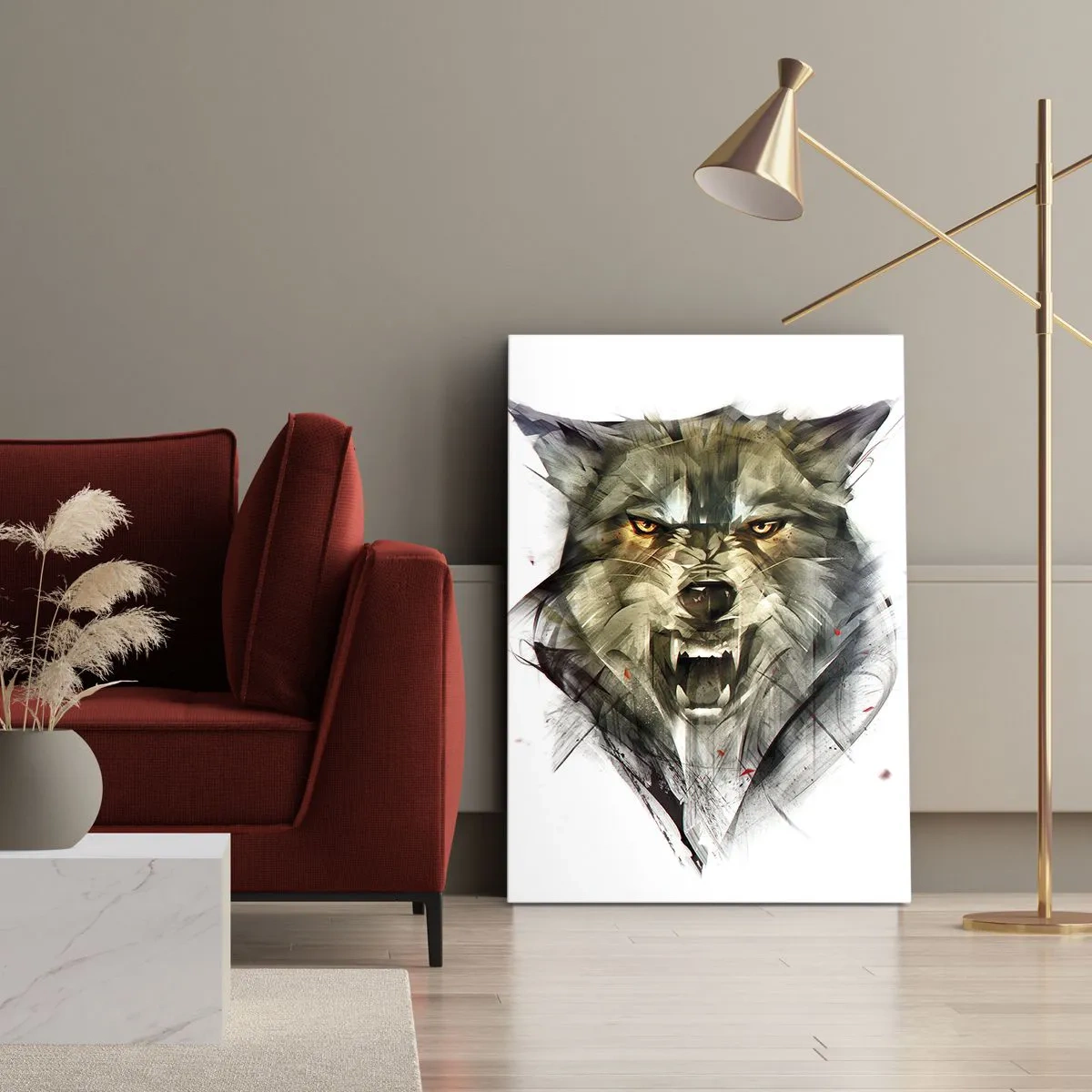 Cuadro sobre lienzo - Impresión de Imagen - Un lobo peligroso en una forma dinámica y artística. - 80x120cm - ¡No te muevas! - Decoración de pared moderna para salón y dormitorio ARTTOR