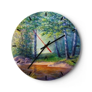 Reloj de pared - Reloj de vidrio - Un pintoresco bosque de abedules con un río iluminado por los rayos del sol. - 30x30cm - Paisaje idílico - Decoración de pared moderna para salón, cocina y dormitorio ARTTOR