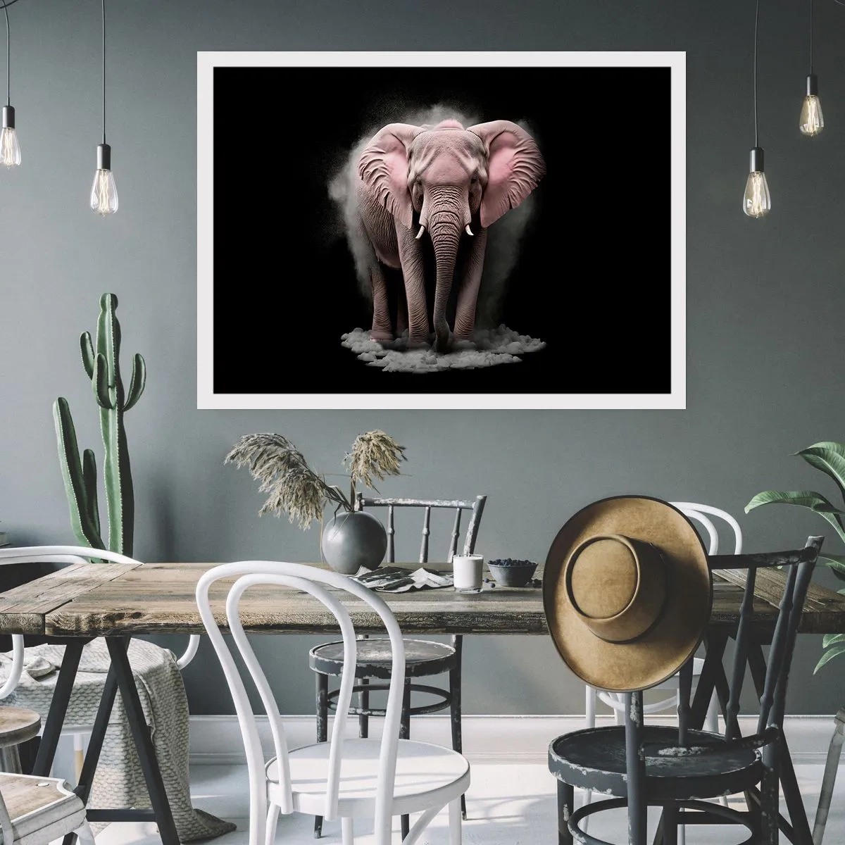 Póster - Una interpretación artística de un elefante rosa sobre un fondo negro. - 100x70cm - El rey rosado de oriente - Decoración de pared moderna para salón y dormitorio ARTTOR