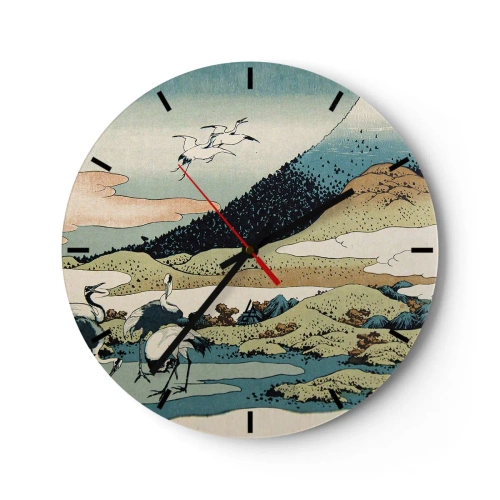 Reloj de pared - Reloj de vidrio - Escena japonesa con pájaros frente a un paisaje montañoso. - 30x30cm - Alma japonesa - Decoración de pared moderna para salón, cocina y dormitorio ARTTOR