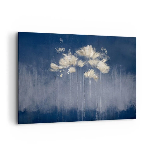 Cuadro sobre lienzo - Impresión de Imagen - Delicadas flores sobre fondo azul. - 120x80cm - Como pétalos al viento - Decoración de pared moderna para salón y dormitorio ARTTOR