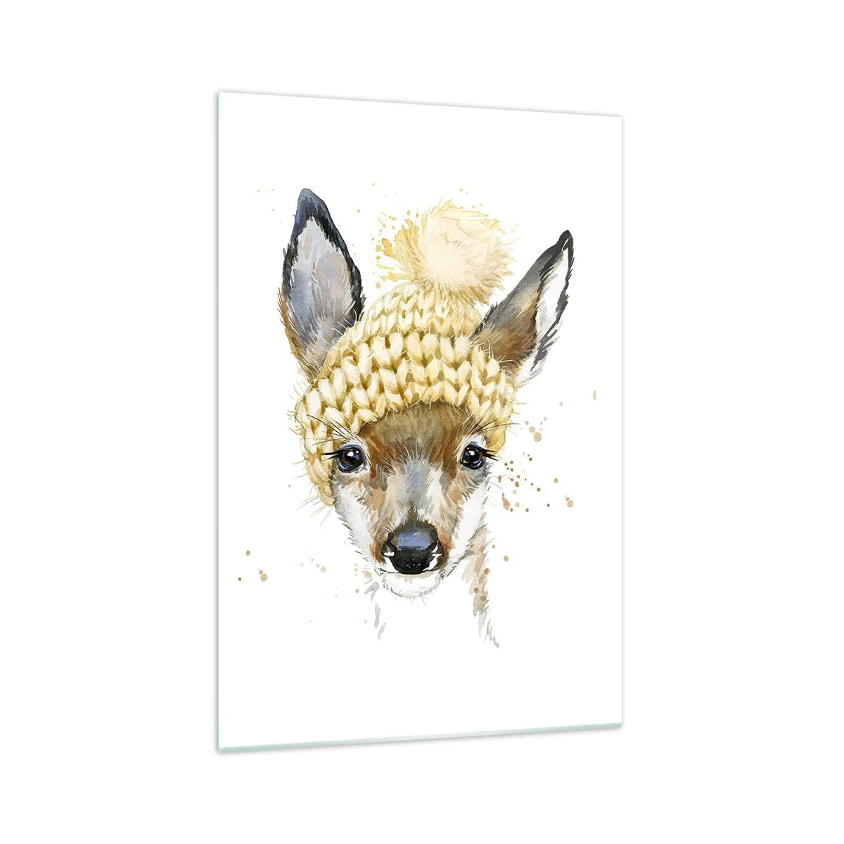 Cuadro sobre vidrio - Impresiones sobre Vidrio - Ciervo de acuarela con gorra amarilla - 70x100cm - Para el invierno en un bosque nevado - Decoración de pared moderna para salón y dormitorio ARTTOR