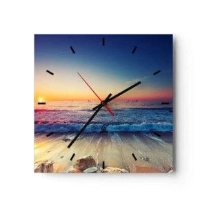 Reloj de pared - Reloj de vidrio - Puesta de sol sobre un mar tranquilo con olas - 30x30cm - ¿Y qué hay tras el horizonte? - Decoración de pared moderna para salón y dormitorio ARTTOR