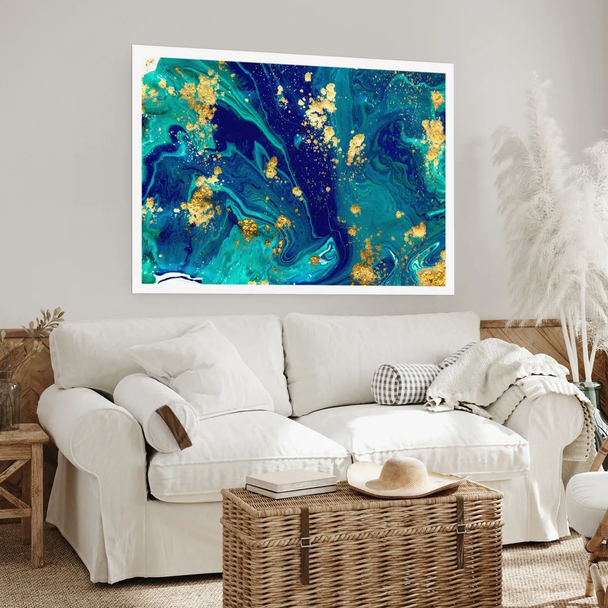 Póster - Una composición abstracta con acentos azules, verdes y dorados. - 100x70cm - Pétalos de sol  - Decoración de pared moderna para salón y dormitorio ARTTOR