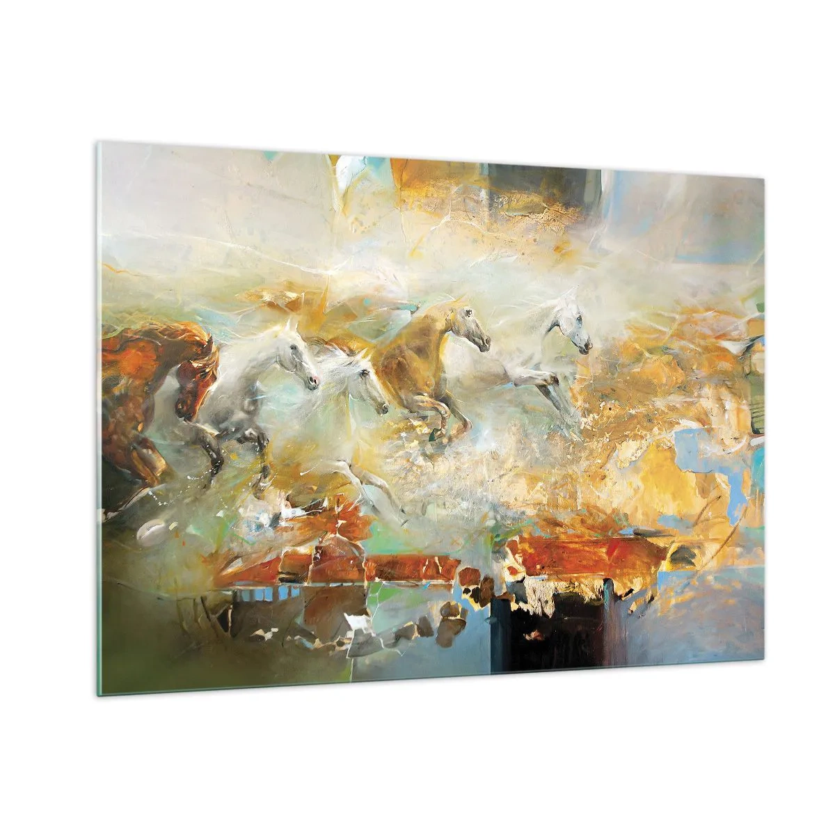 Cuadro sobre vidrio - Impresiones sobre Vidrio - Caballos abstractos en movimiento dinámico - 100x70cm - Galopando a través de la luz - Decoración de pared moderna para salón y dormitorio ARTTOR