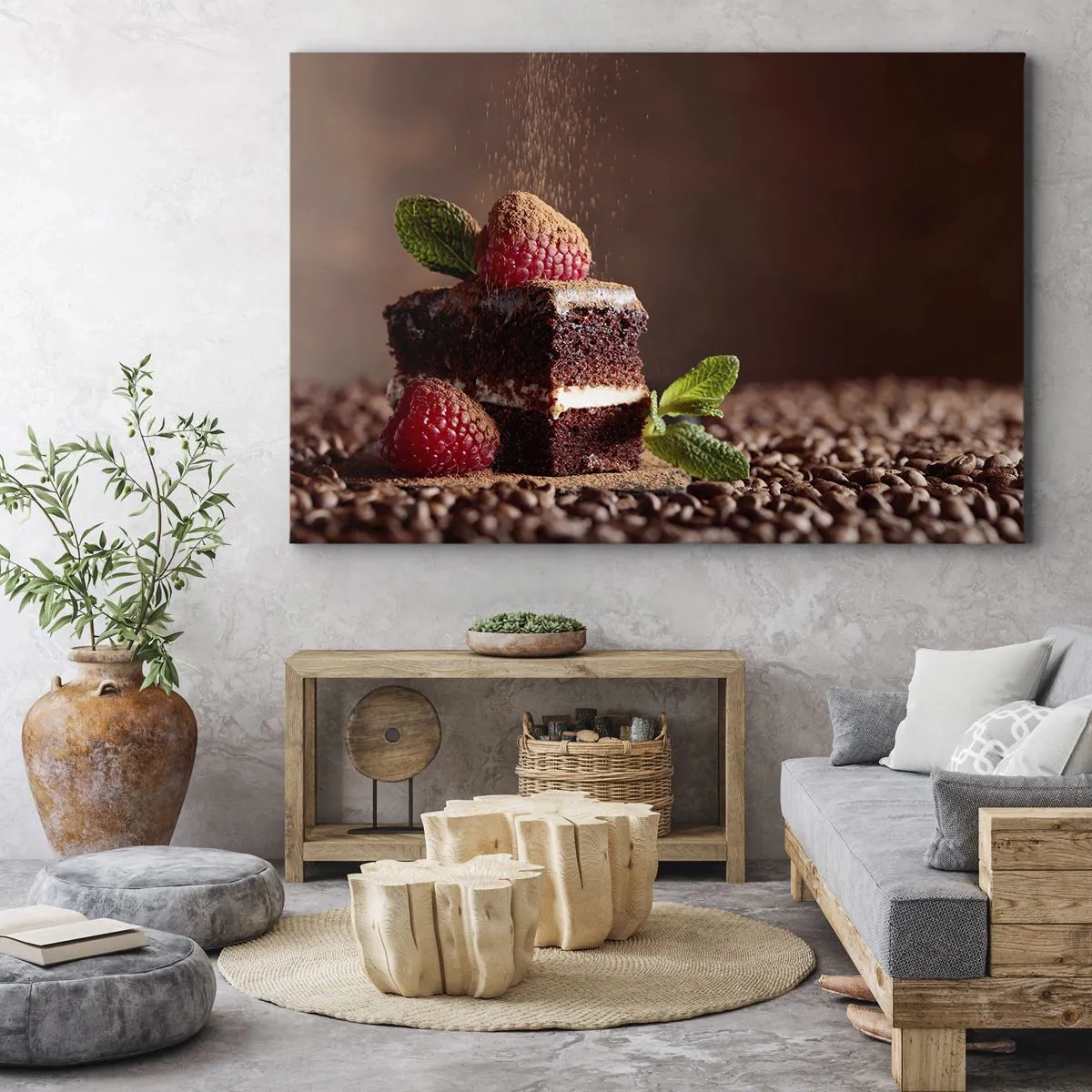 Cuadro sobre lienzo - Impresión de Imagen - Pastel de chocolate con frambuesas y menta sobre un fondo de granos de cacao. - 120x80cm - La vida es dulce - Decoración de pared moderna para salón y dormitorio ARTTOR
