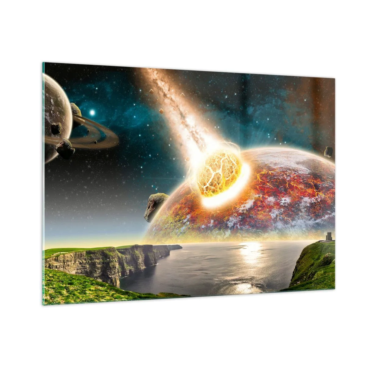 Cuadro sobre vidrio - Impresiones sobre Vidrio - Un meteorito choca con un planeta en el espacio. - 100x70cm - Drama cósmico - Decoración de pared moderna para salón y dormitorio ARTTOR