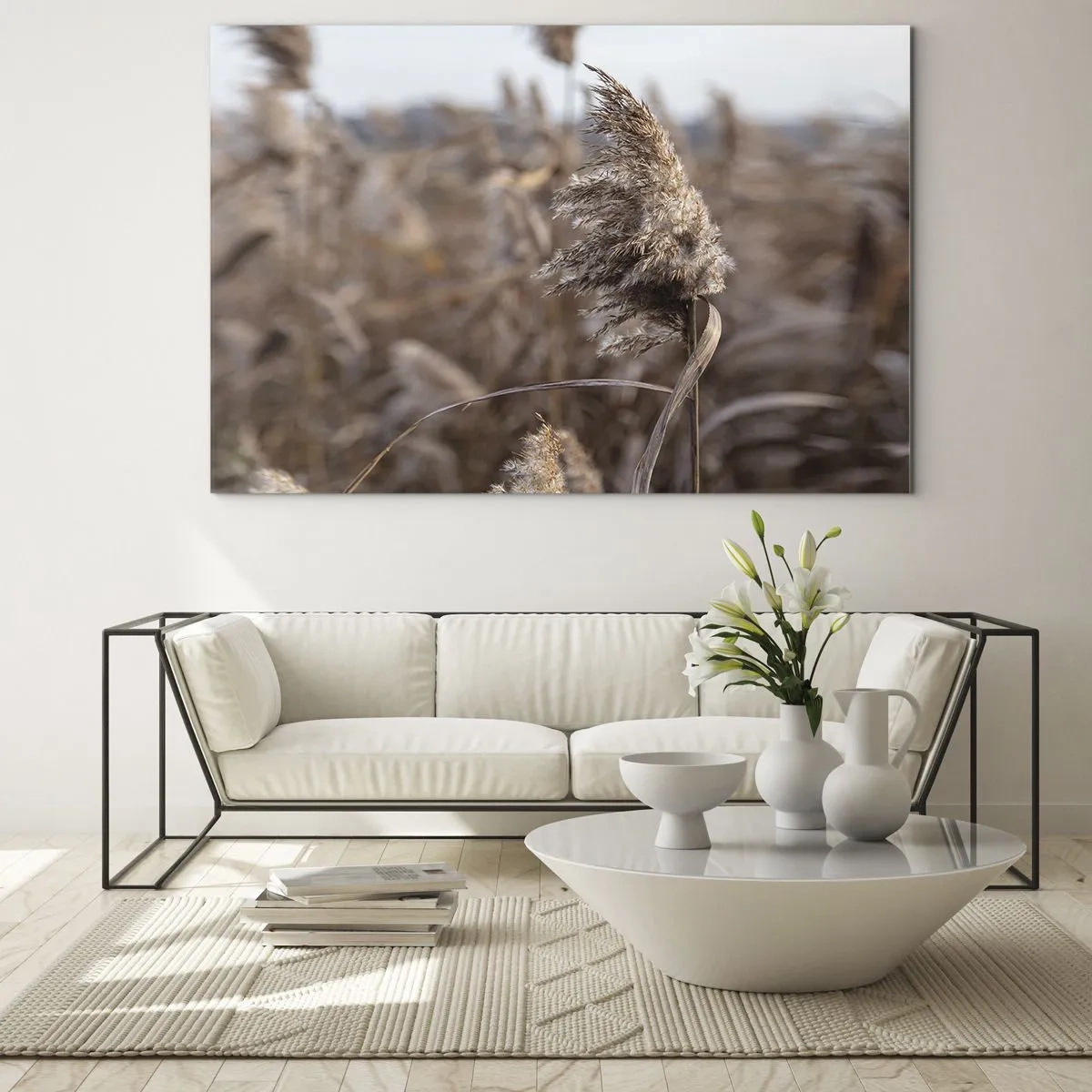 Cuadro sobre vidrio - Impresiones sobre Vidrio - Primer plano de hierba seca meciéndose con el viento - 120x80cm - Es hora de volar con el viento - Decoración de pared moderna para salón y dormitorio ARTTOR