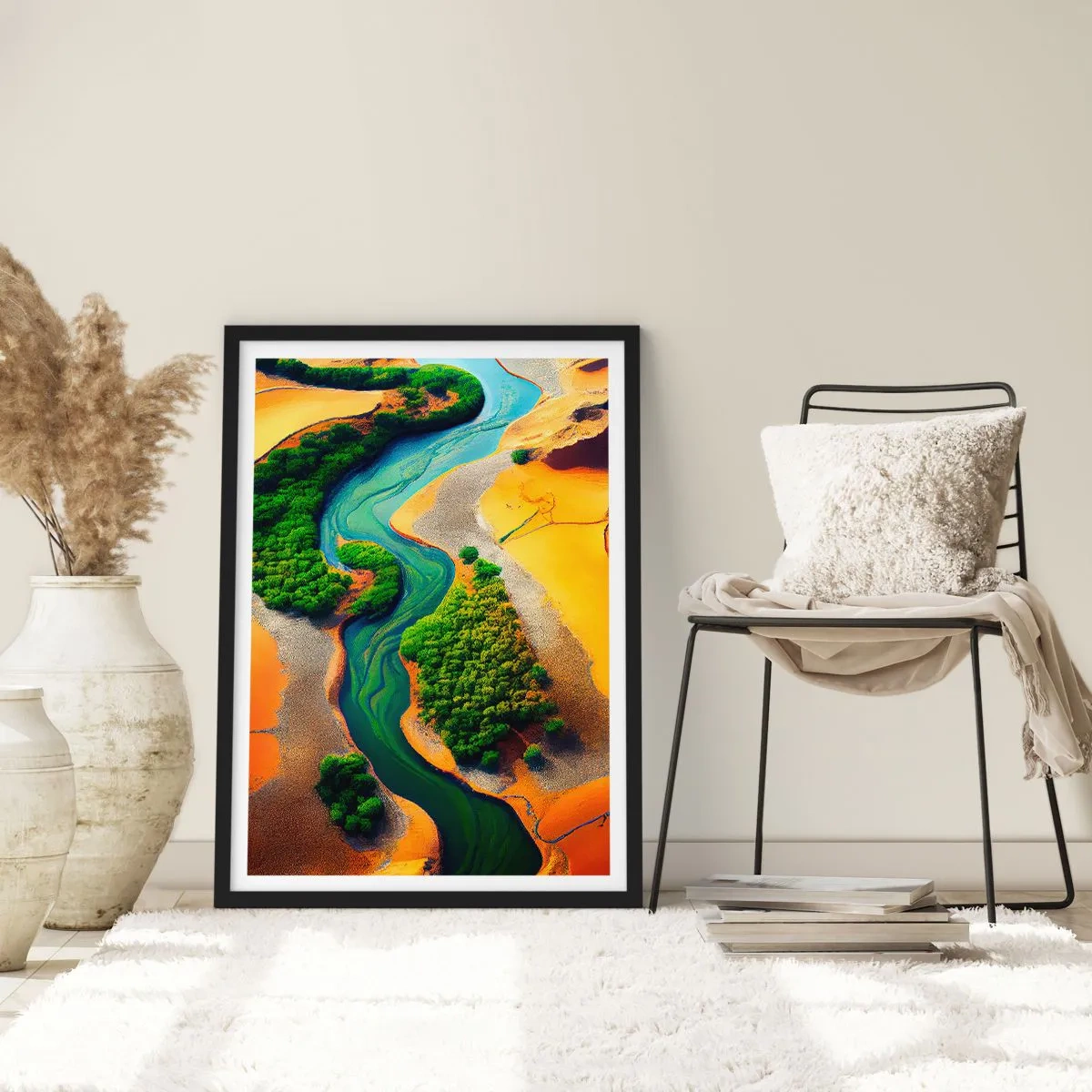 Póster en marco negro - Un paisaje colorido con un río sinuoso. - 50x70cm - Río que da vida - Decoración de pared moderna para salón y dormitorio ARTTOR