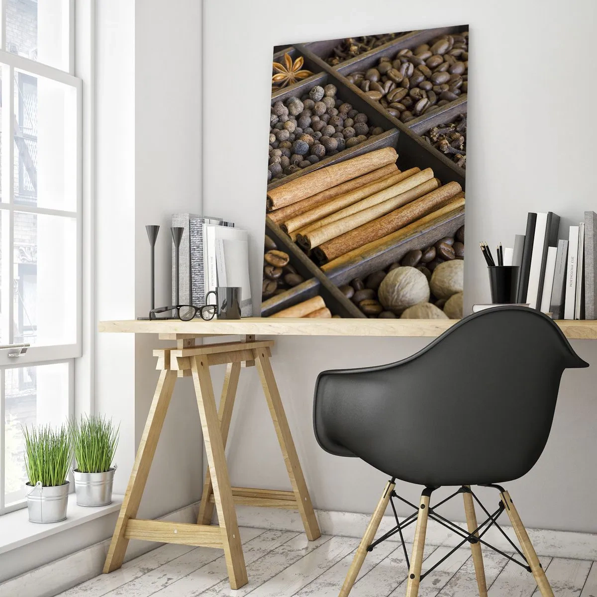 Cuadro sobre vidrio - Impresiones sobre Vidrio - Especias y café en compartimentos de madera. - 80x120cm - Un tesoro de aromas - Decoración de pared moderna para salón y dormitorio ARTTOR