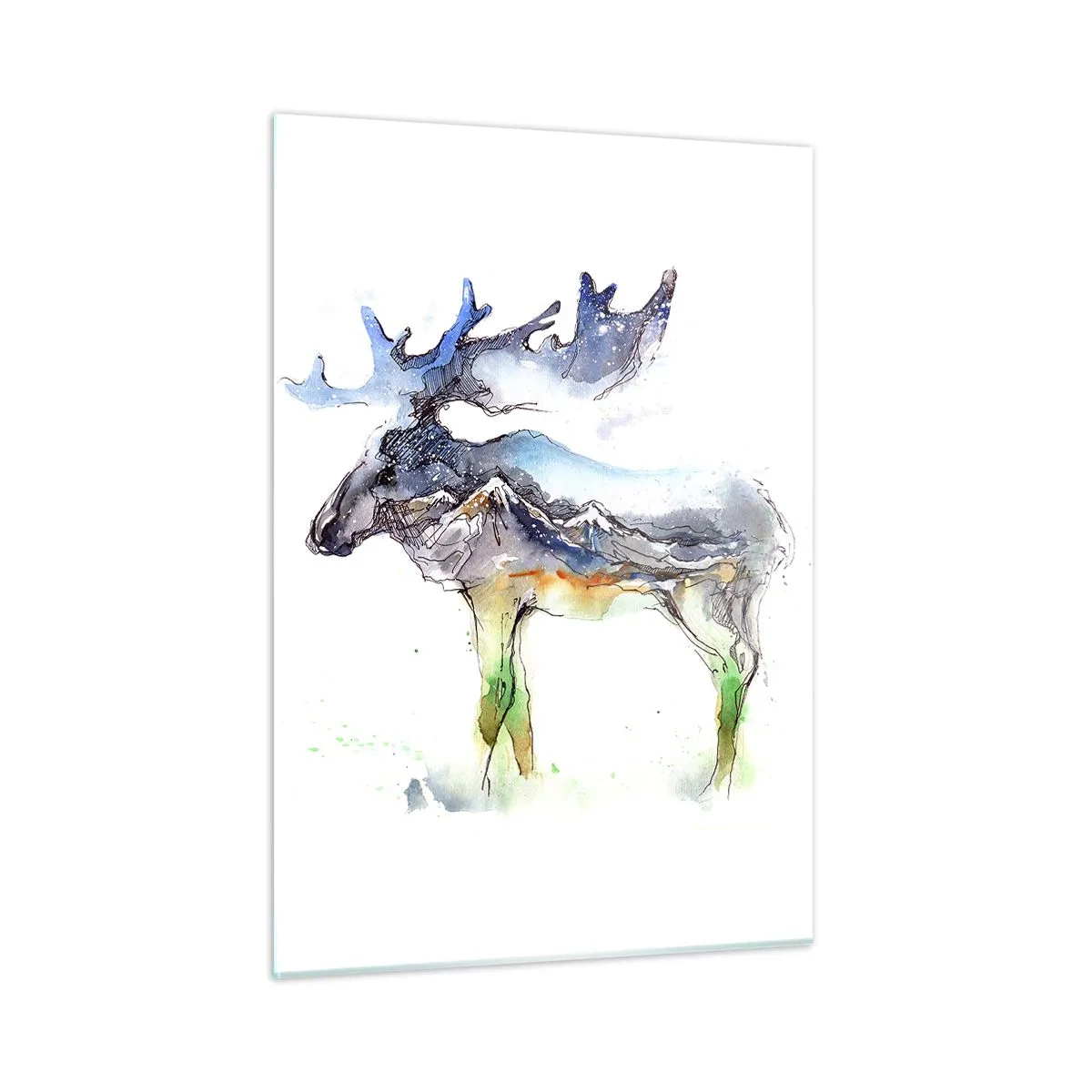 Cuadro sobre vidrio - Impresiones sobre Vidrio - Pintura de acuarela de un alce con un motivo de silueta de montaña. - 50x70cm - El héroe de un cuento de invierno - Decoración de pared moderna para salón y dormitorio ARTTOR