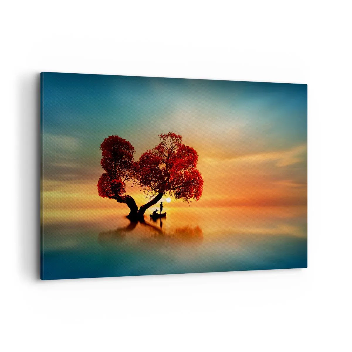 Cuadro sobre lienzo - Impresión de Imagen - Un árbol de hojas rojas y un barco en el agua al atardecer. - 100x70cm - La lejanía y el silencio del mundo - Decoración de pared moderna para salón y dormitorio ARTTOR